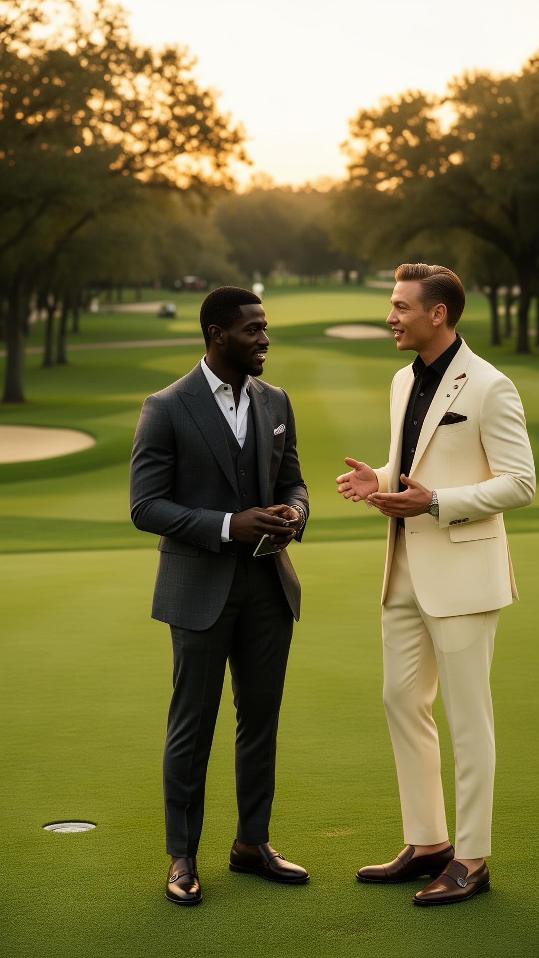 Stylish golfers in luxury attire on a fairway